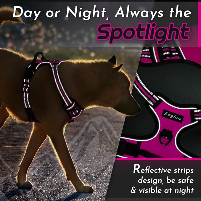 Eagloo Dog Harness Large Breed, No Pull Service Vest with Reflective Strips and Control Handle, Adjustable and Comfortable for Easy Walking, No Choke Pet Harness with 2 Metal Rings, Rose Red, XL