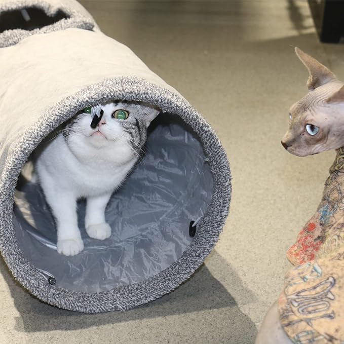 Cat Tunnel for Indoor Cats, 51×12 inch Foldable Big Cat Tunnel, Grey Suede Pet Tunnels with Two Peepholes and a Bubble Ball