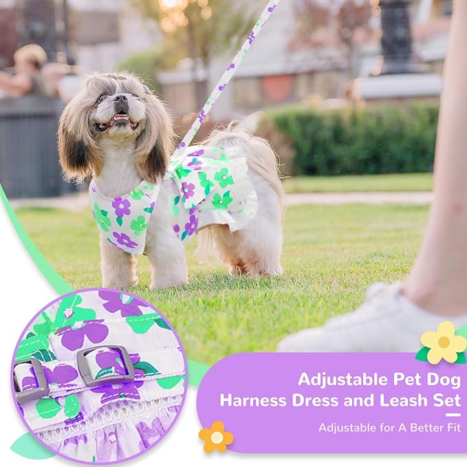 Dog Harness Dress Leash Set for Small Dog Summer Clothes Girl Female Puppy Cats Outfits Cute Floral Bowknot Princess Birthday Dress for Extra Small Pet Doggie Kitten Outfits Apparel(Green,S)