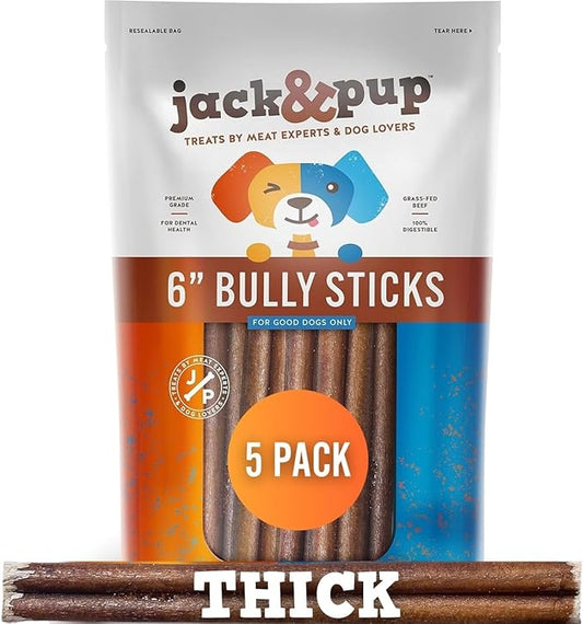 Jack&Pup 6 Inch Bully Sticks for Dogs (5 Pack) Extra Thick Dog Chews Long Lasting, Single Ingredient, 100% Beef Bully Sticks for Large Dogs