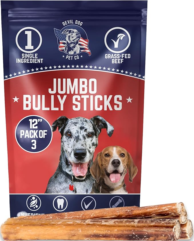 Devil Dog Pet Co. Jumbo Bully Sticks – 12 Inch, 3 Pack Dog Chews, 100% Natural, Single Ingredient, Free-Range Grass-Fed Beef – Long Lasting, Rawhide-Free Treats for Dogs