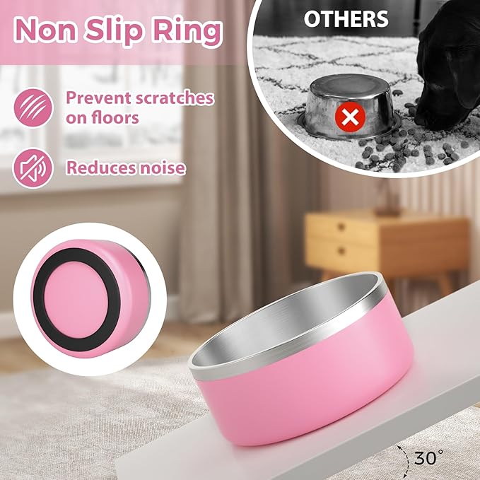 Stainless Steel Dog Bowl, Metal Water and Food Dish for Large Dogs, Insulated Non-Slip Pet Bowl, Easy Clean, 64oz, Pink
