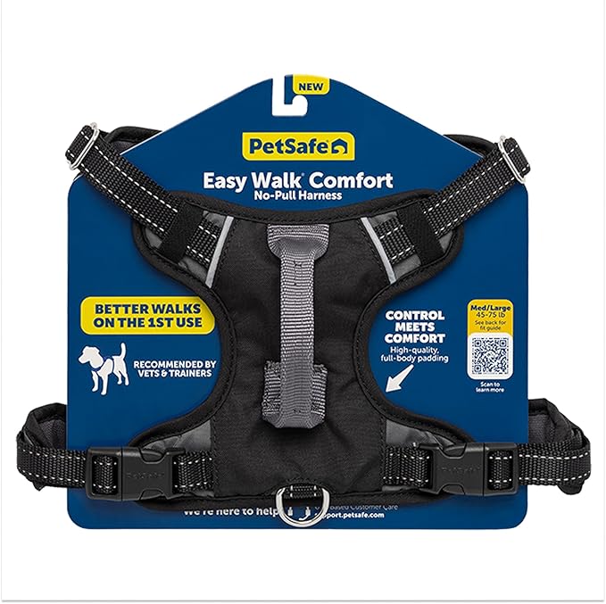 PetSafe Easy Walk Comfort No-Pull Dog Harness - Better Walk Training Harness - Full Body Padded Design - Durable Fabric - 5 Point Adjustable Fit - Everyday Leash Training - Black - Medium/Large
