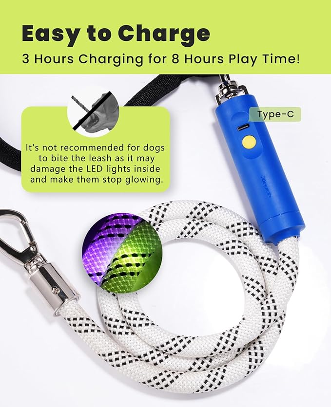 Light Up Dog Leash, LED Pet Leash for Night Walking,13 Lighting Modes, Rechargeable Dog Lights, Glow in The Dark Walking Leashes with Tangle-Free Hook for Medium Large Dogs (Leash-5Ft)