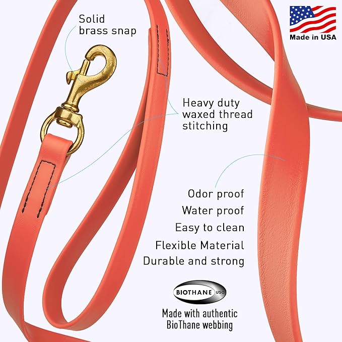 Viper Biothane K9 Working Dog Leash Waterproof Lead for Tracking Training Schutzhund Odor-Proof Long Line with Solid Brass Snap for Puppy Medium and Large Dogs, 20ft Coral