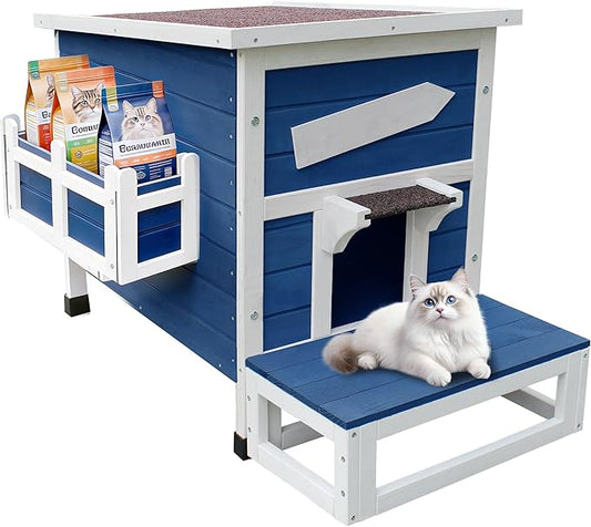 Rockever Outdoor Cat House, Large Outdoor Houses for Feral Cats Wooden Outside Cat Shelter Weatherproof with Escape Door