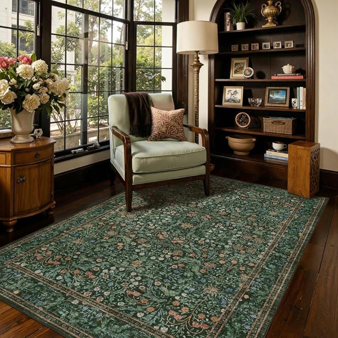 4x6 Area Rugs for Living Room Bedroom, Large Washable Rug, Green Vintage Floral Boho Rug, Non Slip & Low Pile Wool Accent Carpet for Indoor Dining Room, Kids Room and Office(Green 4x6ft)