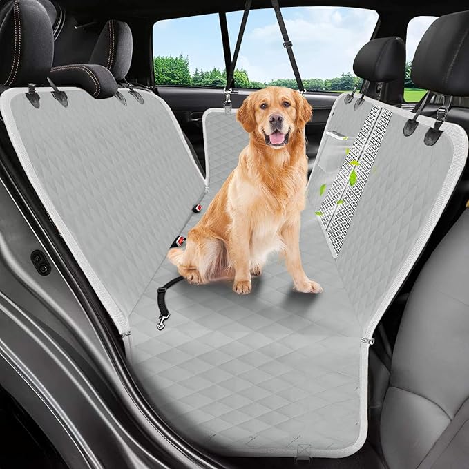 Dog Car Seat Cover, 600D Heavy Durable Dog Seat Cover for Back Seat, 100% Waterproof Scratch Proof Nonslip Dog Hammock for Car with Side Flap, Pet Back Seat Covers for Cars with SeatBelt Gray