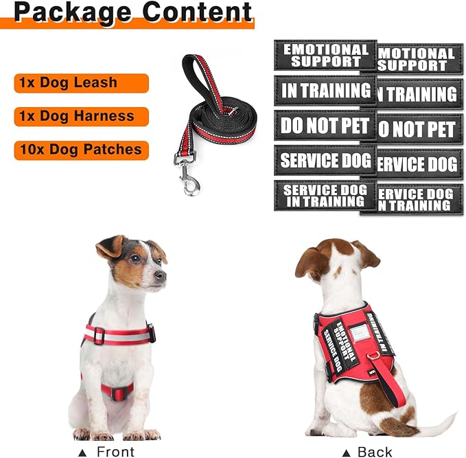Service Dog Harness and Leash Set, Training Dog Vest with 10 Dog Patches, Emotional Support Therapy Dog Vest Harness for Small Medium Large and Extra Large Dogs(Red, XL)