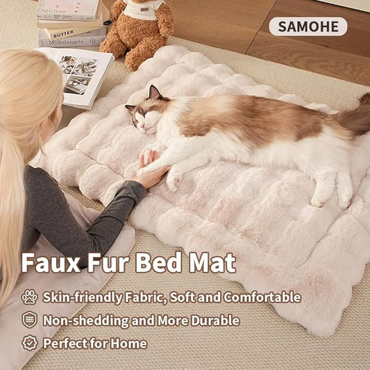 Self-Warming Cat Bed, Plush Faux Fur Pet Bed Mat with Anti-Slip Bottom, Ultra Soft Heated Pad for Cats & Kittens, Cozy Fluffy Bed for Window & Sills Couches, Machine Washable, 23x15 Inch White
