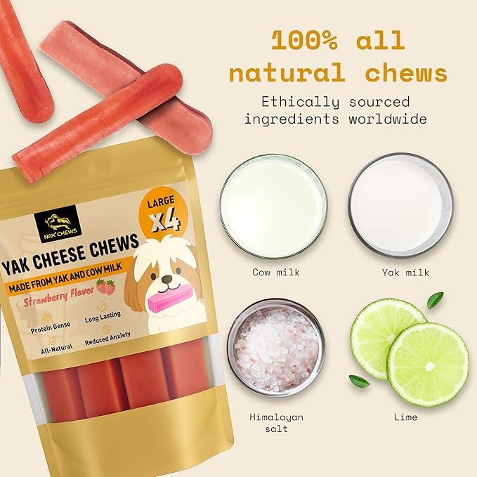 Chews Himalayan Yak Cheese Dog Chews Strawberry Flavor Large - Natural Long Lasting Dental Treat for Large Dogs - High Protein & Calcium - Gluten-Free Lactose-Free - 3-3.5 oz (4 Pack)