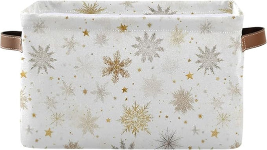 Winter Snowflake White Storage Basket with Waterproof Liner and PU Handles Golden Christmas Holiday Xmas Storage Boxes 14.2" Collapsible Decorative Organizer Baskets for Bedroom Closet Office 1 Pack
