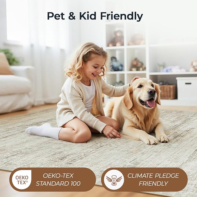 Washable Large Area Rugs 8x10 for Living Room Bedroom Dining Room, Luxury Cozy Neutral Retro Distressed Stain Resistant Beige Rug, Soft Faux Wool Non Slip Indoor Foldable Carpets