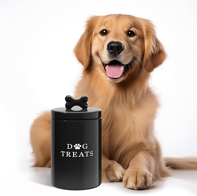 Barnyard Designs Large Dog Treat Container Airtight with Lid, Cute Rustic Ceramic Dog Treat Storage Jar for Kitchen Counter (Black)