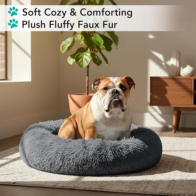 PetAmi Calming Dog Bed for Small & Medium Dogs and Cats, 30 Round Donut Dog Bed, Washable Fluffy Faux Fur Puppy & Cat Bed, Anti-Anxiety Plush Cuddler Pet Bed with Anti-Slip Bottom - Dark Gray