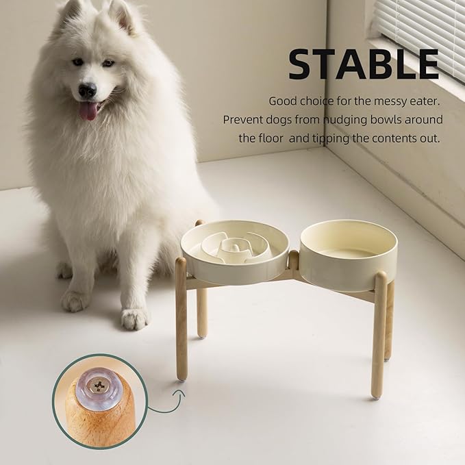 3.2 Cup Ceramic Raised Slow Feeder Dog Bowl Set, Elevated 8.2inch Bowl and 9.5inch Puzzle Slow Food Dish with Wooden Stand for Large Dog, Anti-Gulping (2 x Beige+ Stand)