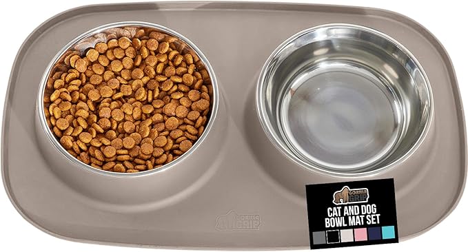 GORILLA GRIP Feeding Mat Set, 3 Cup, Patent Pending 100% Waterproof BPA Free Silicone, Stainless Steel Cat and Dog Bowls, Slip Resistant, High Edges Catch Water Food, US Designed Pet Accessories Beige