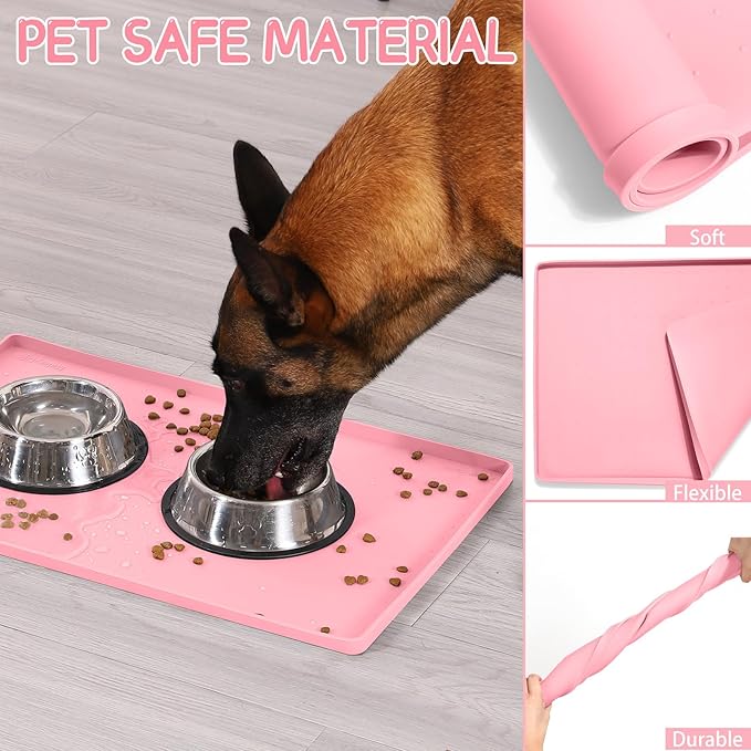 MateeyLife Silicone Cat & Dog Food Mat for Floors Waterproof, Anti-Slip Dog Bowl Mats for Food and Water, Pet Feeding Mats with Lip to Prevent Spills, Pet Placemat for Messy Drinkers to Protect Floors