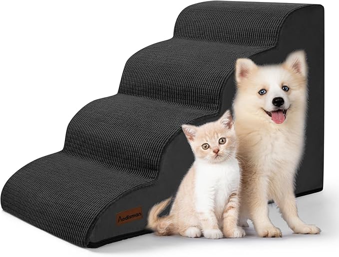 Dog Steps for Bed, 4-Step Dog Stairs Ramp for Small Dogs and Cats, Indoor Non-Slip Pet Stairs Suitable for Older, Short-Legged, and Puppy Dogs to Climb Onto High Beds and Couch, 17.4" H,Black