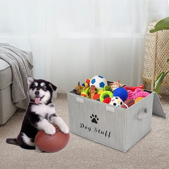 Morezi Large Dog Toy Storage Box with Lid Basket Organizer - Perfect Collapsible Bin for Living Room, Playroom, Closet, Home Organization - Dog - Bamboo Gray