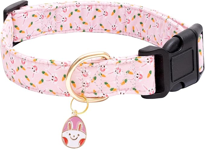 Faygarsle Cute Easter Collar for Small Medium Large Dogs Girl Boy Female Male Dog Pink Cotton with Adorable Rabbit Print Easter Puppy Collar with Easter Egg Charm M