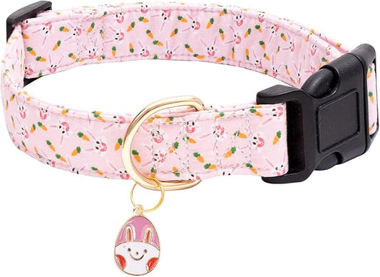 Faygarsle Cute Easter Collar for Small Medium Large Dogs Girl Boy Female Male Dog Pink Cotton with Adorable Rabbit Print Easter Puppy Collar with Easter Egg Charm L