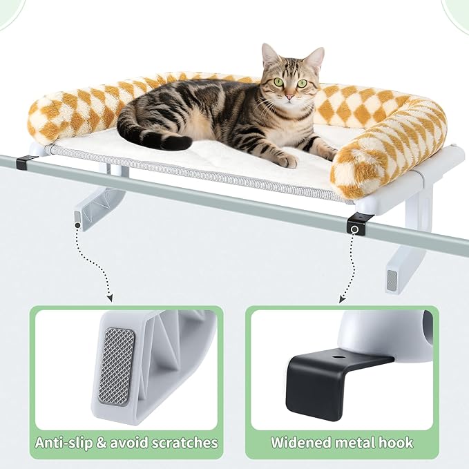 Sunhoo Cat Window Perch Hammock Sturdy Windowsill Bed Seat for Large Cats No Drilling No Suction Adjustable Kitty Shelf with Washable Cover Easy Assembly Holds up to 40 lbs 24.8 * 15 in (Brown, L)