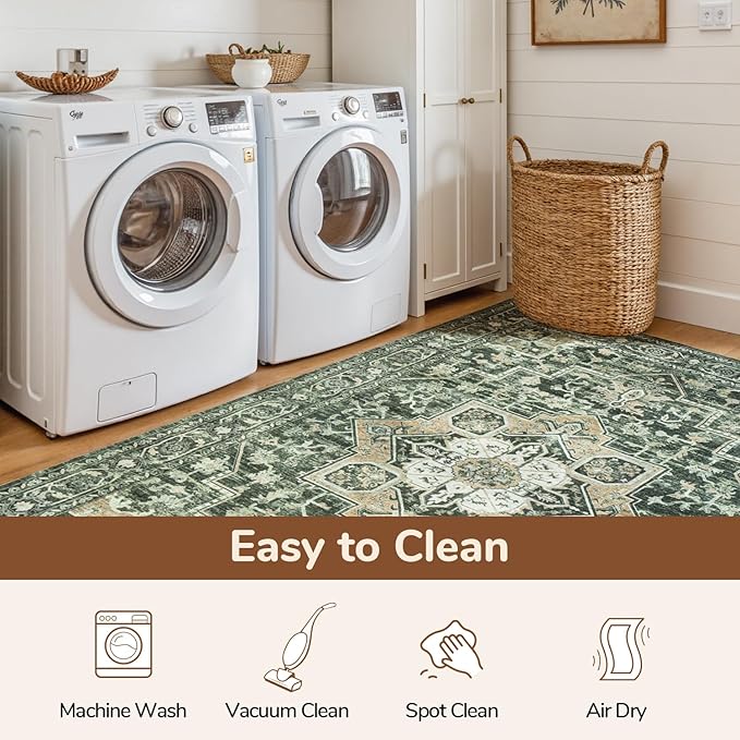 Lessymo Washable 8×10 Green Area Rugs for Living Room, Soft Vintage Boho Rug Non-Slip for Bedroom Dining Room Kitchen, Large Distressed Retro Carpet Stain Resistant for Home Indoor Nursery Office