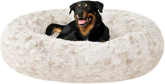 Furhaven 45" Round Calming Donut Dog Bed for Large Dogs, Refillable w/Removable Washable Cover, for Dogs Up to 90 lbs - Shaggy Plush Long Faux Fur Donut Bed - Driftwood Brown, Jumbo/XL