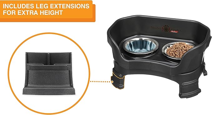 Neater Feeder Deluxe Mess Proof Dog Bowls Elevated for Small Breeds – Made in USA – No Spill Raised Dog Food Bowl Stand w/Leg Extensions – Stainless Steel Dog Food and Water Bowl Set – Black