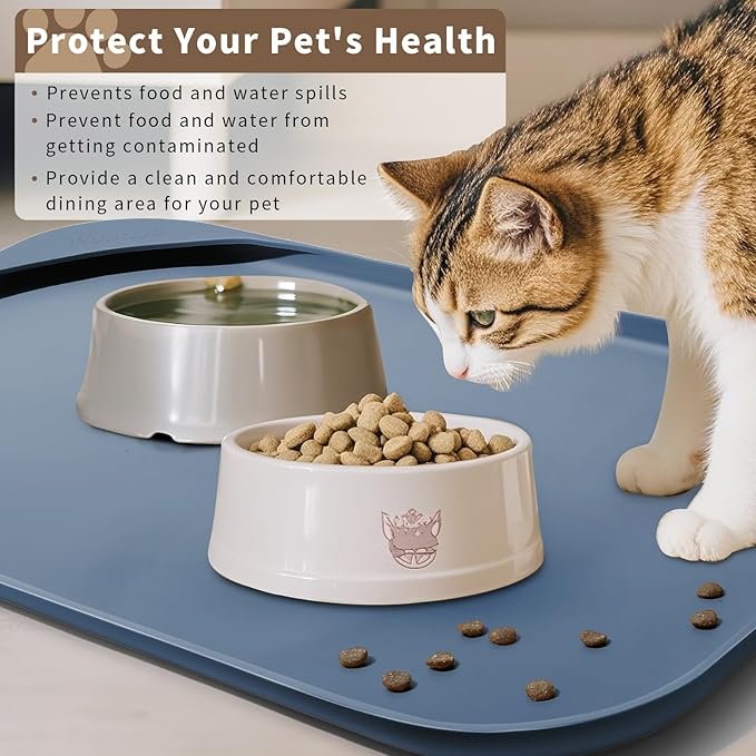 Silicone Pet Food Mat with Raised Edge for Food and Water Bowl, Dog Feeding Mats, Cat Food Trays for Floor Waterproof, Rubber Tray for Dogs and Cats, 22 x 14 x 0.8 Slate Blue