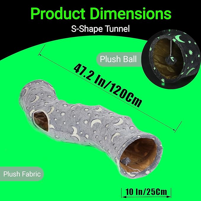 LUCKITTY Cat Tunnel Tube with Plush Ball Toys Collapsible Self-Luminous Photoluminescence, for Small Pets Bunny Rabbits, Kittens, Ferrets,Puppy and Dogs Grey Moon Star (S-Shape)