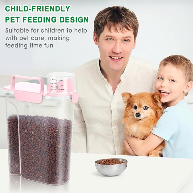 TBMax 2 Pack Cat Dog Food Storage Containers 10 to 14 Lbs, Portable Travel Pet Container Dispenser with Easy-Pouring Spout & Cup, Airtight Bird Seed Container Dog Treat Storage Bin -Pink