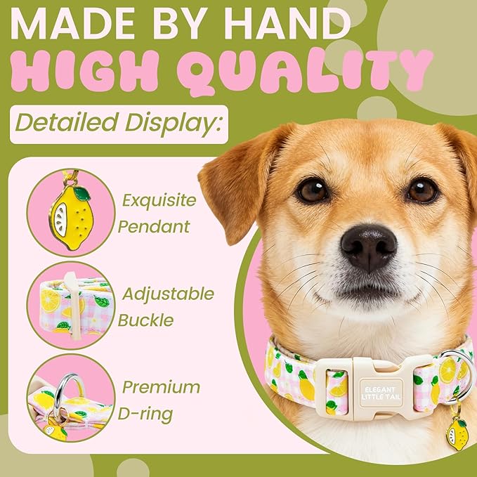 Elegant little tail Dog Collar, Pink Lemon Print Spring/Summer Soft Cotton Puppy Collars Adorable Female Pet Gift Lightweight Plastic Adjustable Dog Collar for Small Dogs