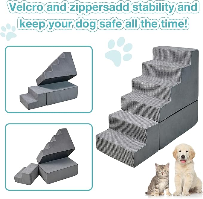 30" Dog Stairs&Steps for Small Dogs for High Beds 6-Step Pet Ramp Up to 30-36" High for Small Dogs & Cats, Grey No Assembly Required