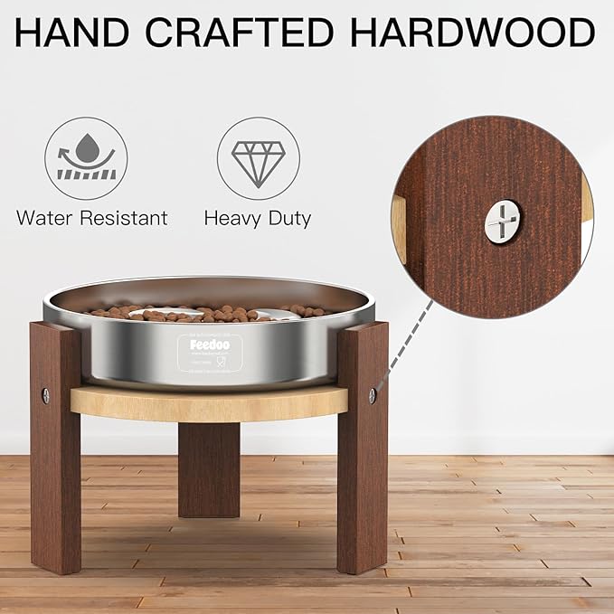 Elevated Dog Bowl Stand, 6'' Height Raised Stand for Medium&Small Dogs, Includes 2Cups Stainless Steel Slow Feeder Dog Bowl, Durable Solid Hardwood