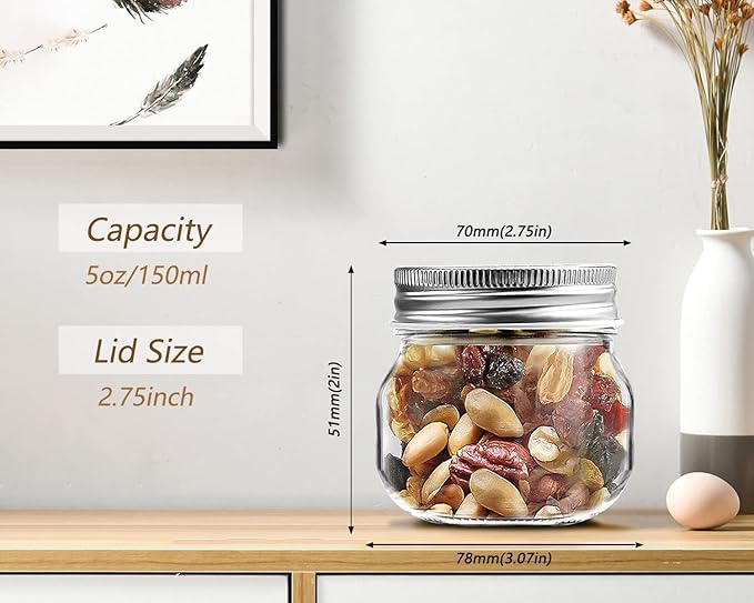 6 PCS Mason Jars with 70mm Regular-Mouth Glass Canning Jars, clear glass jars with Silver Metal Lids for Jelly, Sara,Bird’s Nest, Jam, Milk Tea,wedding-gifts,as an element of interior(2pcs 4.8oz/2pcs 8oz/2pcs 16oz)