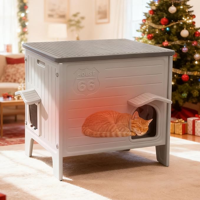 Rockever 100% Insulated Outdoor Cat House with Insulated Liner for Winter, Waterproof Feral Cat House for Outdoor Cats, Plastic Cat House for Outdoor Use with Escape Door, Clean Easily(L,Grey&Liner)