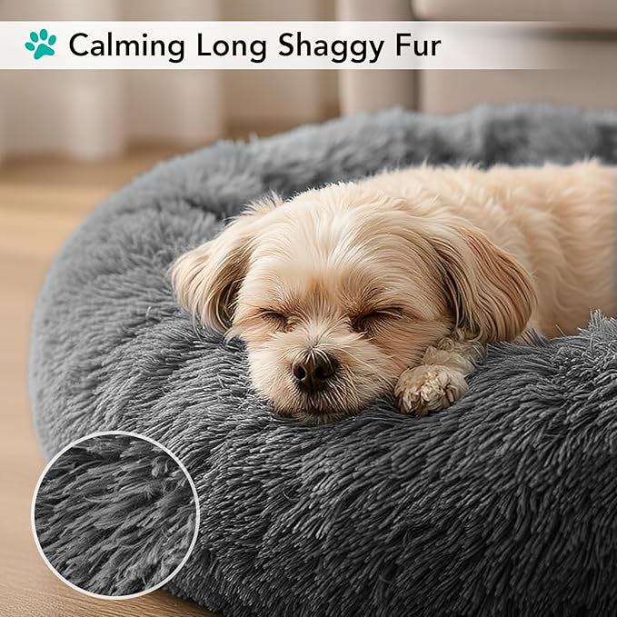 PetAmi Calming Dog Bed for Small & Medium Dogs and Cats, 30 Round Donut Dog Bed, Washable Fluffy Faux Fur Puppy & Cat Bed, Anti-Anxiety Plush Cuddler Pet Bed with Anti-Slip Bottom - Dark Gray