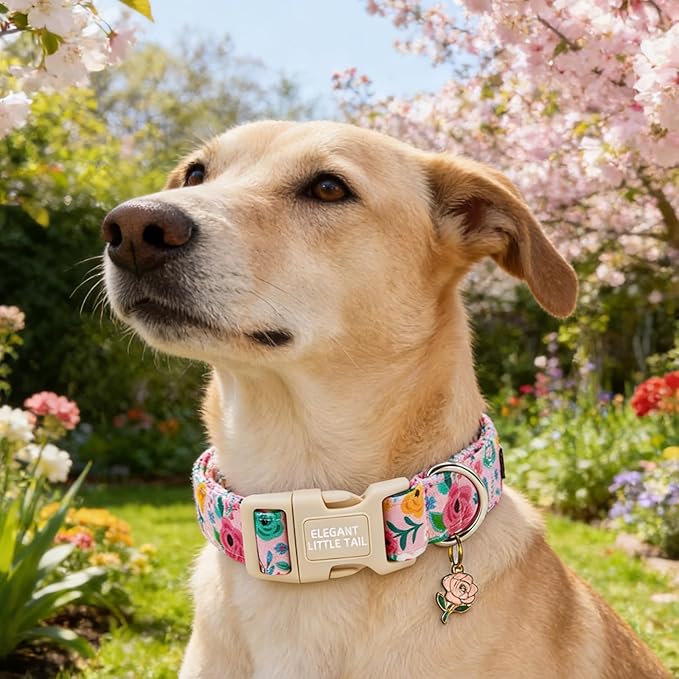 Elegant little tail Dog Collar, Pink Flower Print Spring Soft Cotton Puppy Collars Adorable Female Pet Gift Lightweight Plastic Adjustable Dog Collar for Small Dogs