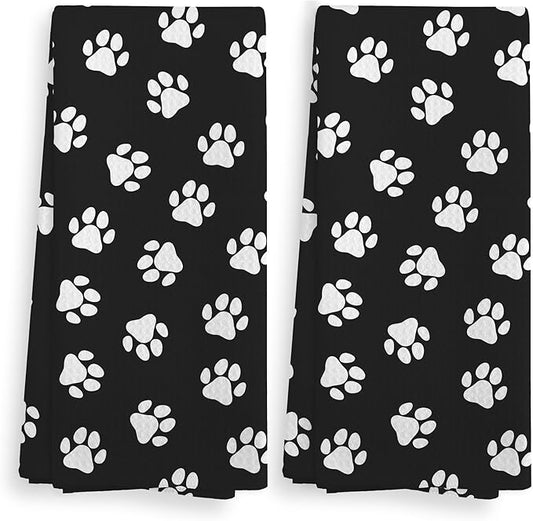 Dog Paws Kitchen and Dishcloths Set of 2, Black and White Hand Towels, Cute Paw Print Decorative Dish Towel, Gifts for Dog Lovers, 1624 Inch