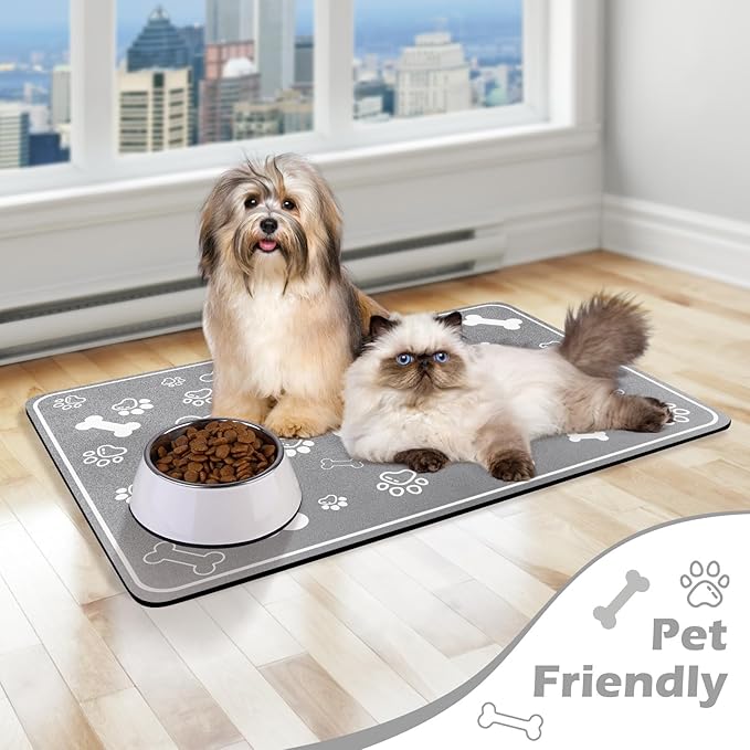 Pet Feeding Mat,Rapid Absorbent Mats for Dog Cat Food, Dog Placemat Water Bowl Mat with Rubber Backing,Messy Drinkers to Protect Floors, Pet Accessories 17"×29" Grey