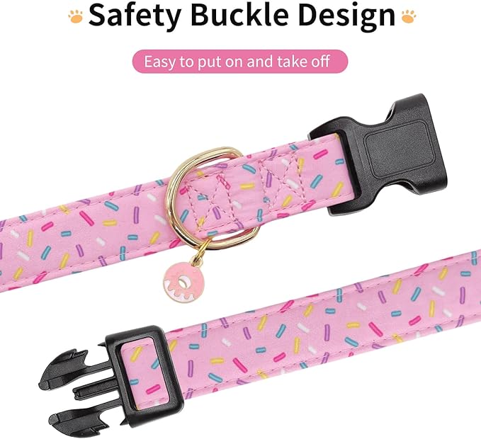 Cotton Dog Collar,Adjustable Cute Puppy Collar with Moon Patterned Design for Small Medium Large Dogs,Soft and Fancy Pet Collar with Safety Buckle for Girl Boy Dogs (Pink Doughnut, Medium)