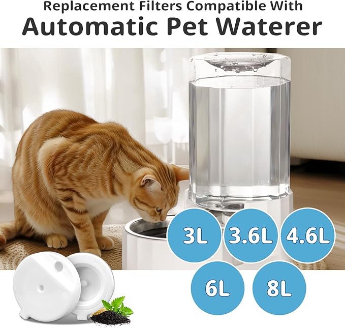 8Pcs Gravity Pet Water Fountain Filters, Automatic Pet Waterer Replacement Filters for 3.6L/4.6L/6L/8L Dog Water Dispenser(8 Filters with 1Brush)