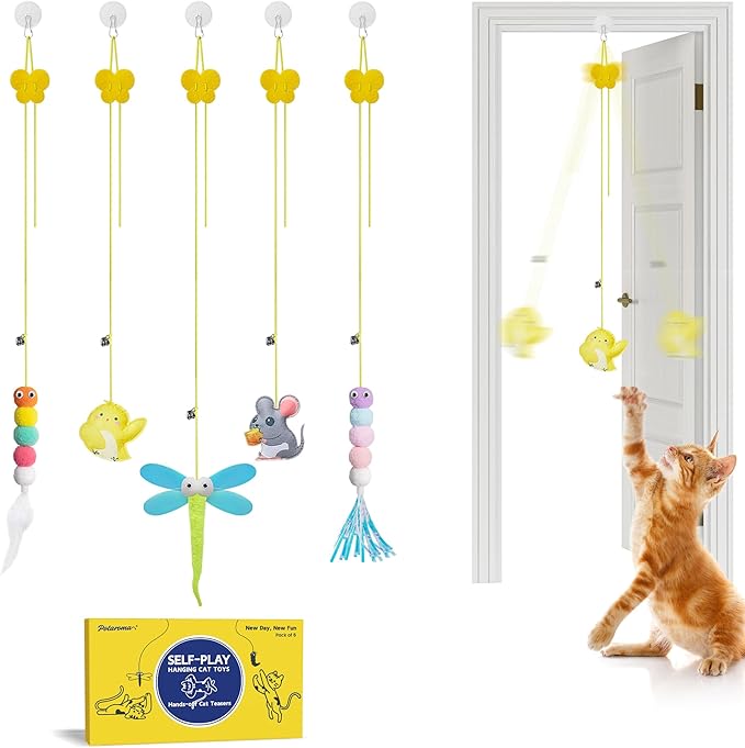 Potaroma Interactive Cat Feather Toys 5 Pcs, Cat Teaser Retractable Hanging Indoor Kitten Play Chase Exercise, Mental Physical Stimulation for All Breeds and Species