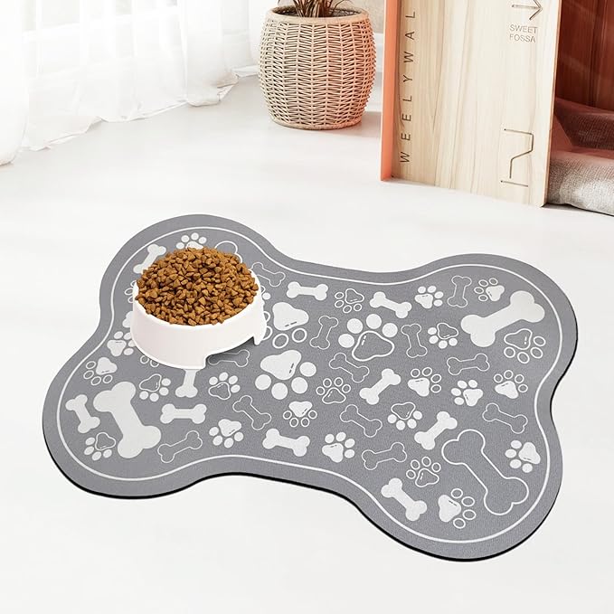 Dog & Cat Food Mat Bone Shaped Pet Feeding Mat Quick Absorb Water Bowl Placemat with Rubber Backing Indoor Floor Stain Resistant Pet Accessory Supplies (Grey Small, 12x18 Inches)