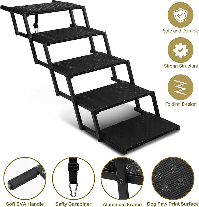 Extra Wide Dog Stairs for Car - Foldable Dog Ramps for Large Dogs with Non Slip Surface, Portable Dog Steps for Cars and SUV, Truck, Support Up to 250 Lbs