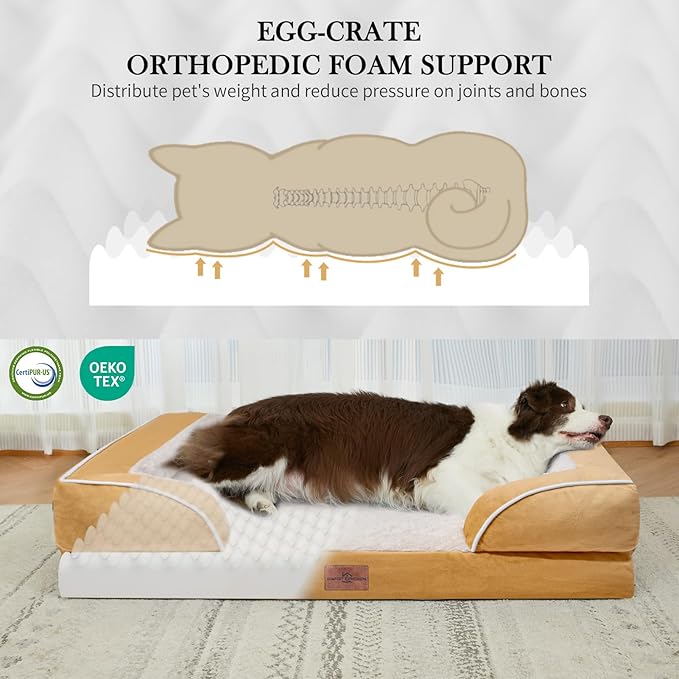 Comfort Expression Orthopedic Dog Bed for Small Dogs 20x14 Inch, Waterproof Supportive Egg Crate Foam Small Pet Bed with Removable Bolsters, Dog Couch with Washable Cover & Non-Slip Bottom, Caramel