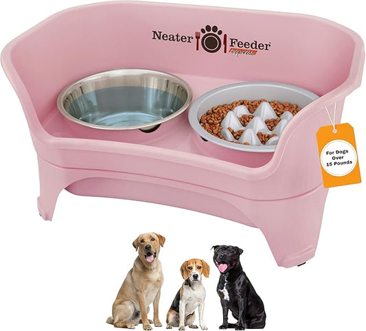 Neater Feeder Express Mess Proof Dog Bowls Elevated for Medium and Large Breed – Made in USA – No Spill Raised Slow Feeder Elevated Dog Bowl Stand, Slow Feed Food and Water Bowl Set, Pink