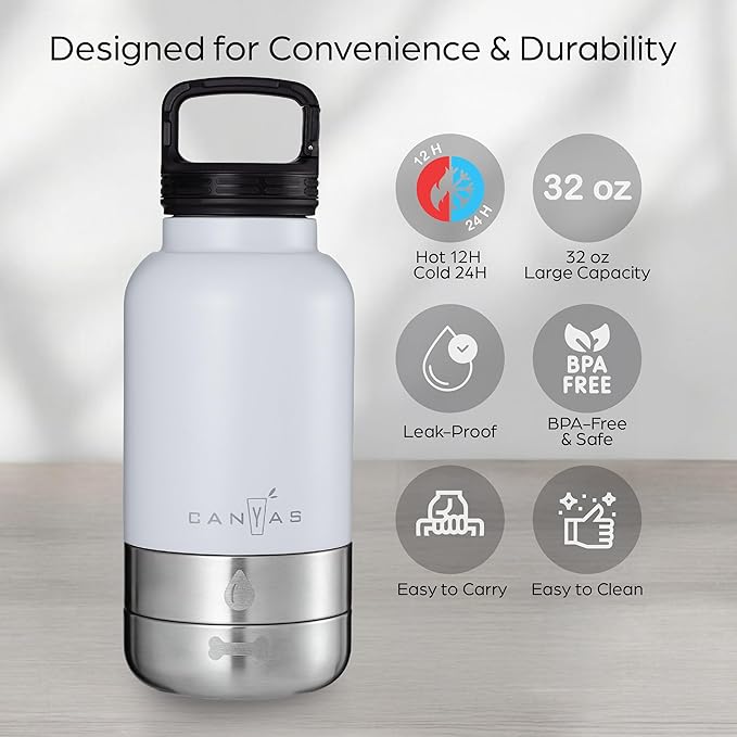 Insulated 32oz Stainless Steel Dog Water Bottle with Food & Water Bowls, Leak-Proof Pet Travel Dispenser for Dogs, Portable for Hiking, Walking, Outdoor